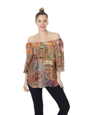 Tianello “Meswah” Print Washable Silk "Serafina" Off/On the Shoulder Blouse