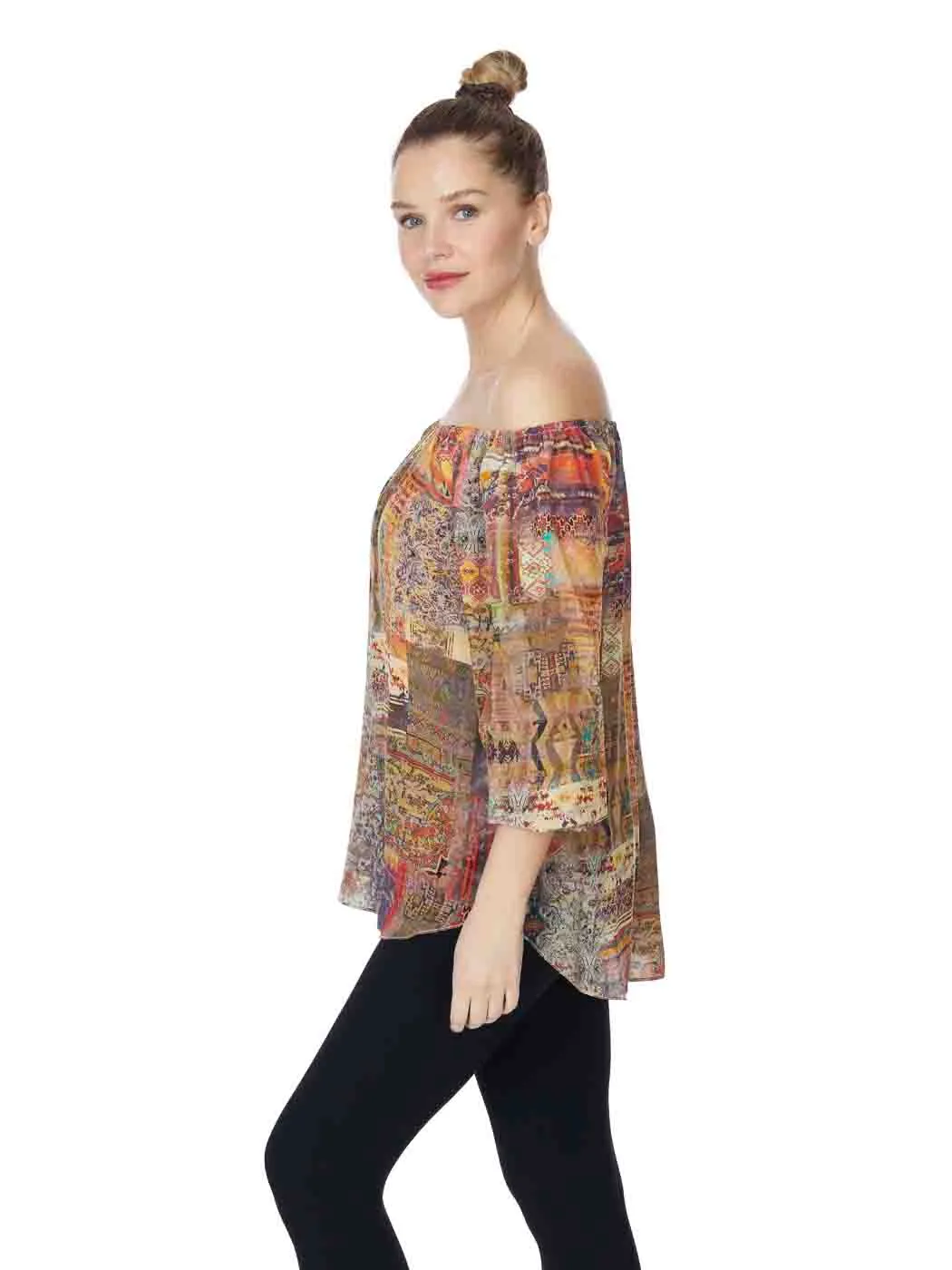 Tianello “Meswah” Print Washable Silk "Serafina" Off/On the Shoulder Blouse