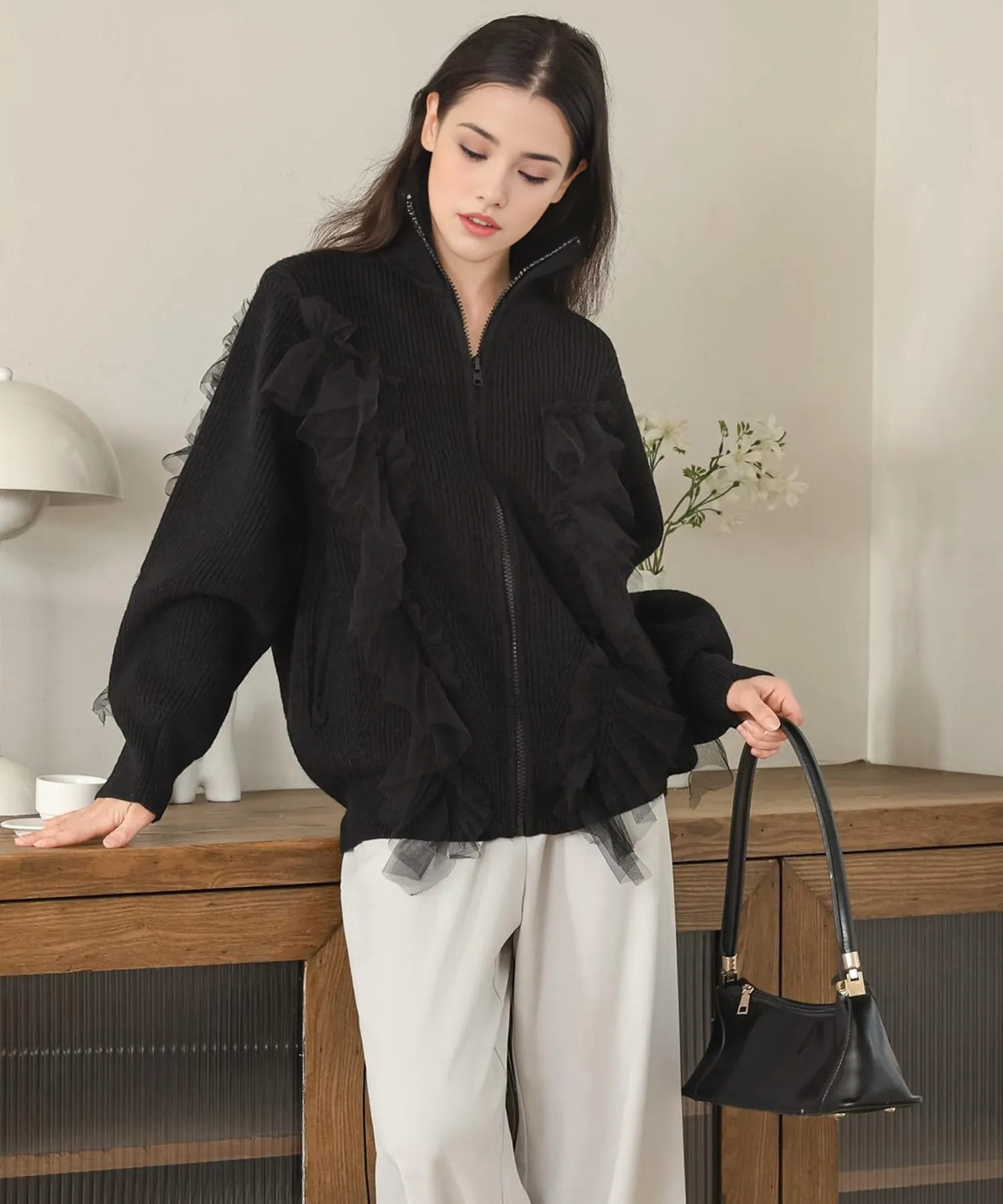 tulle ruffles knit cardigan