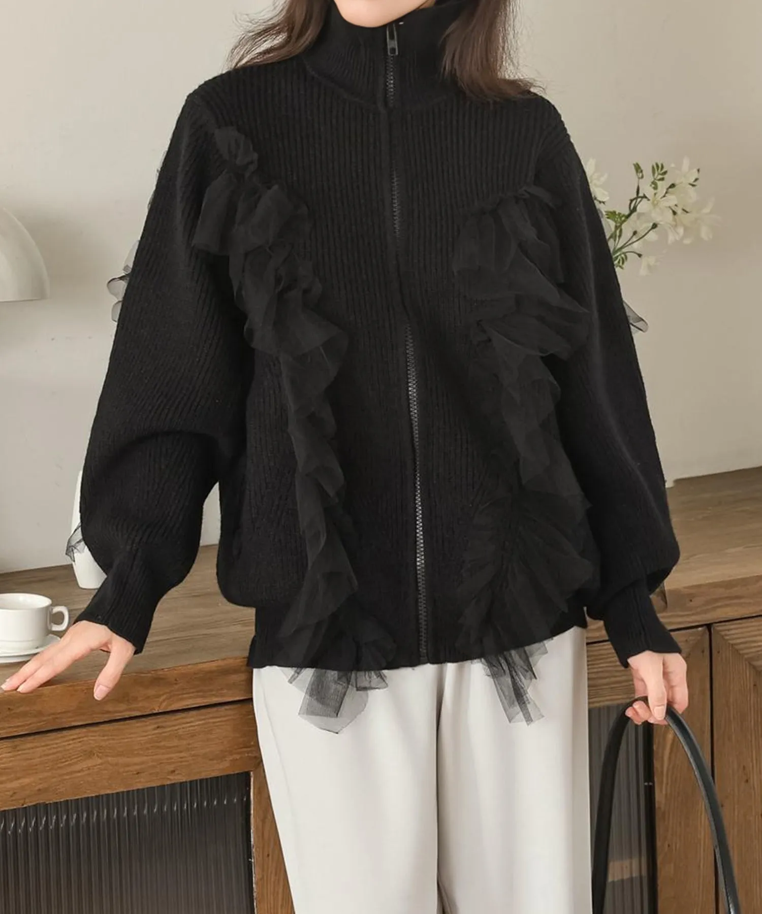 tulle ruffles knit cardigan