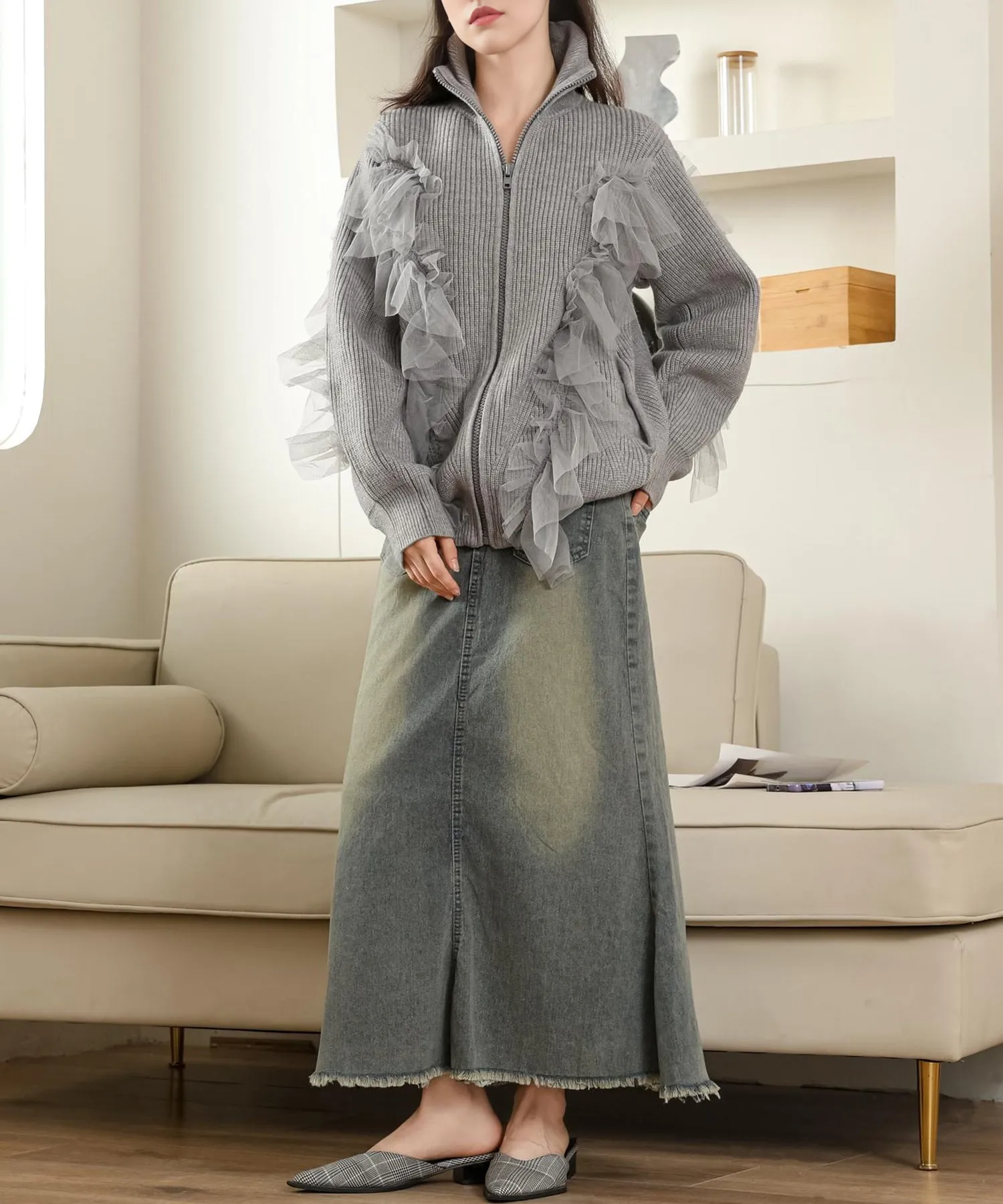 tulle ruffles knit cardigan
