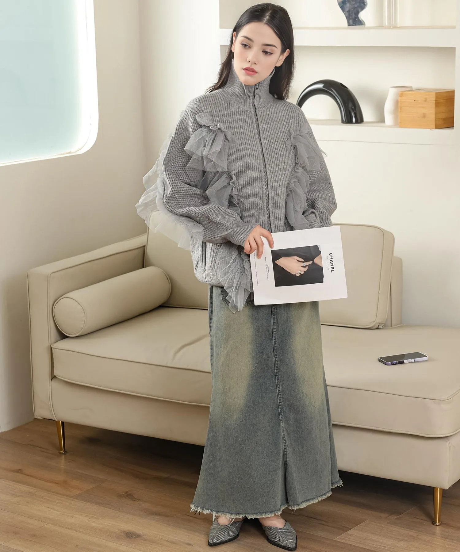 tulle ruffles knit cardigan