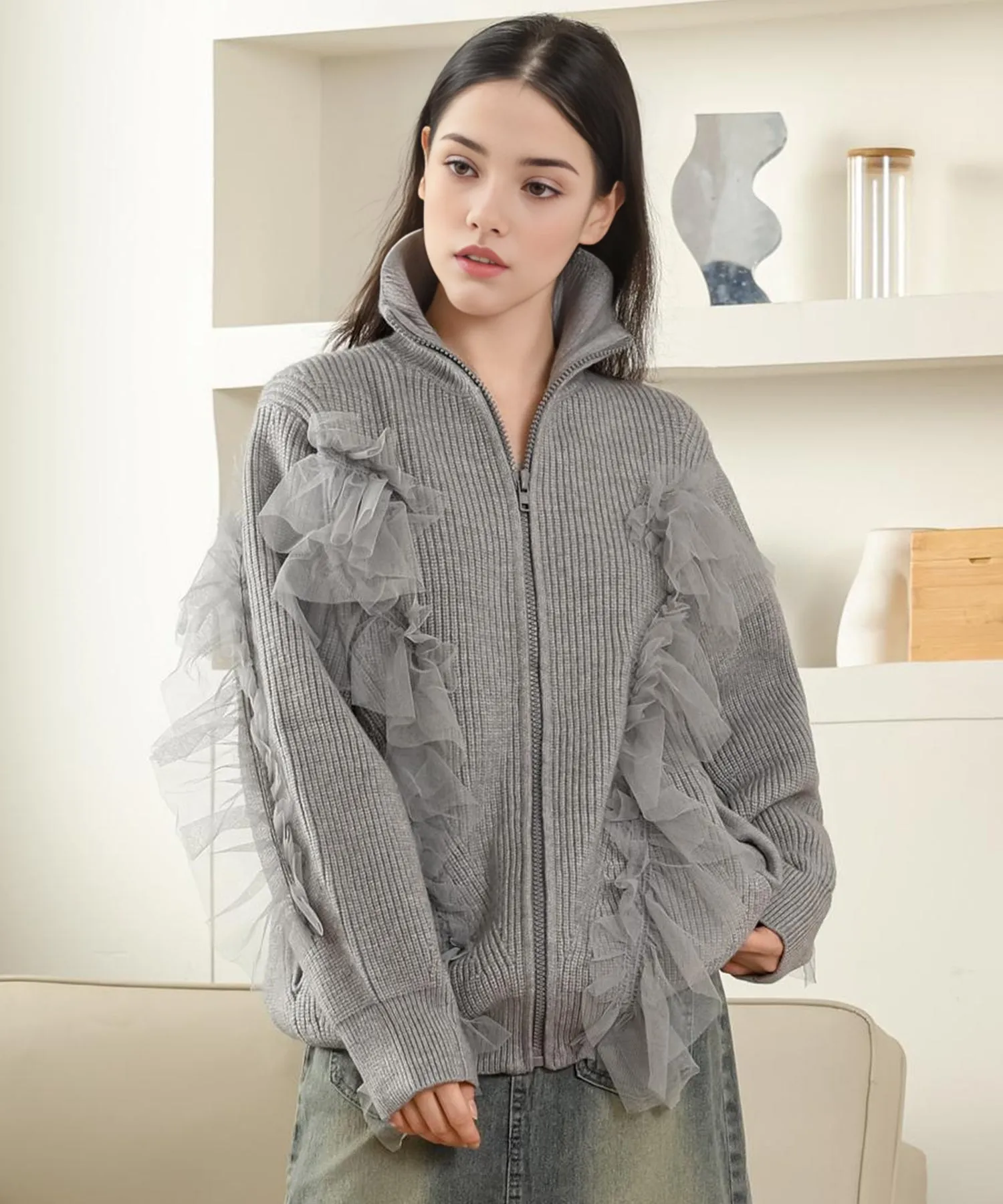 tulle ruffles knit cardigan