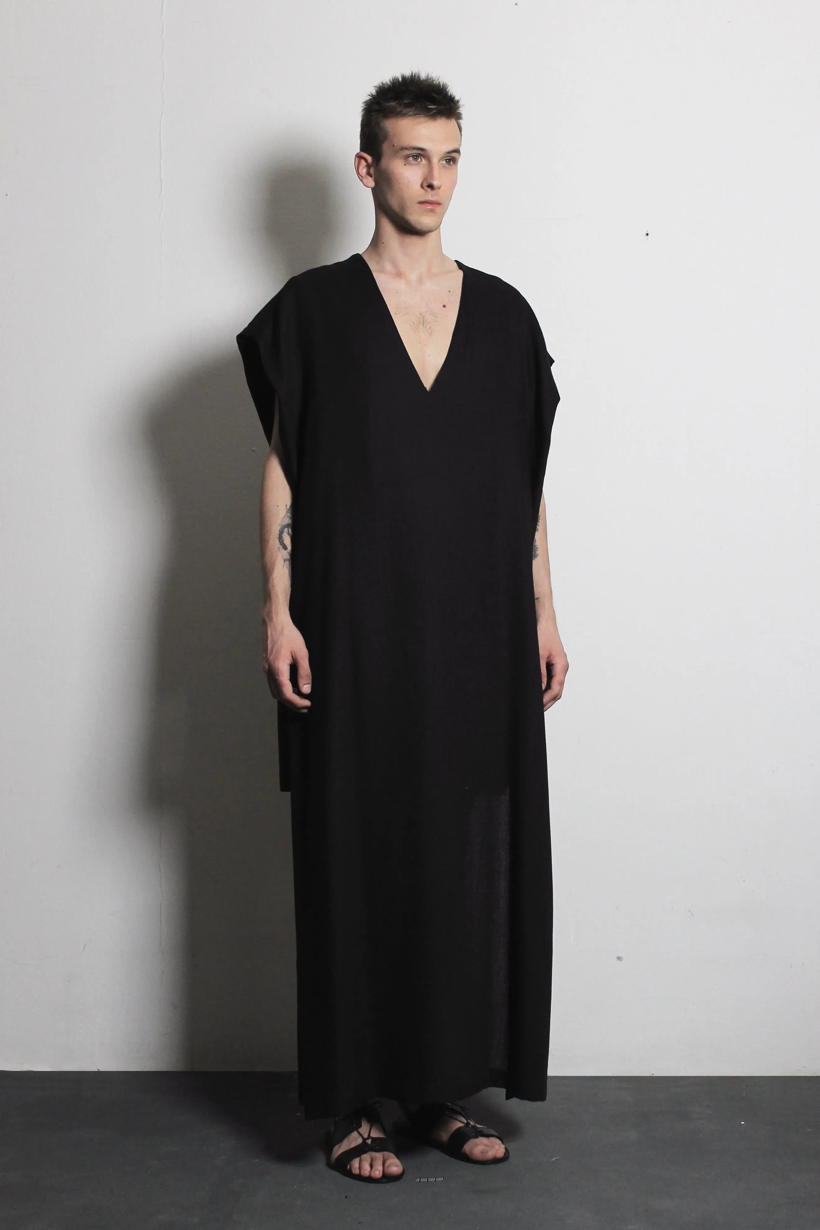 V-neck Black Flax Dress