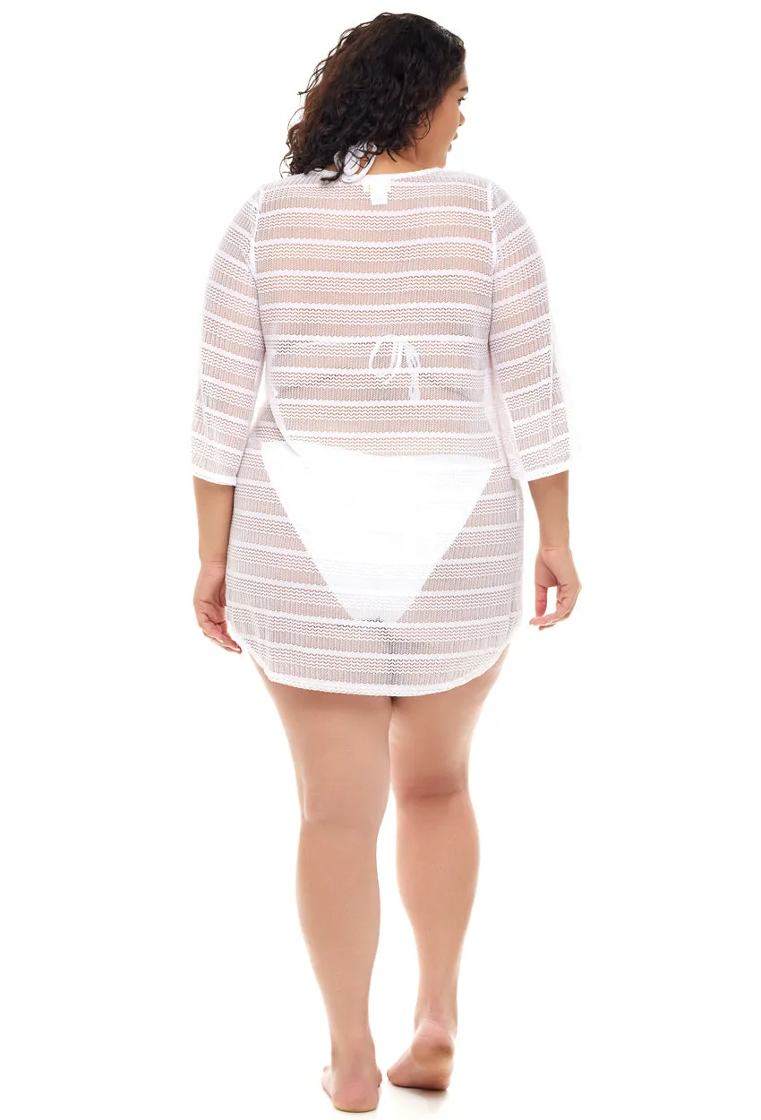 V-NECK PLACKET BELL SLEEVE TUNIC - ARROW CHEVRON - PLUS SIZE