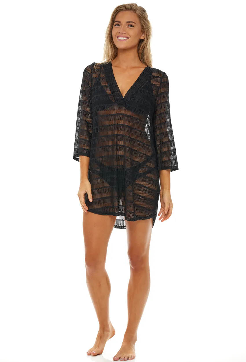 V-NECK PLACKET BELL SLEEVE TUNIC - ARROW CHEVRON