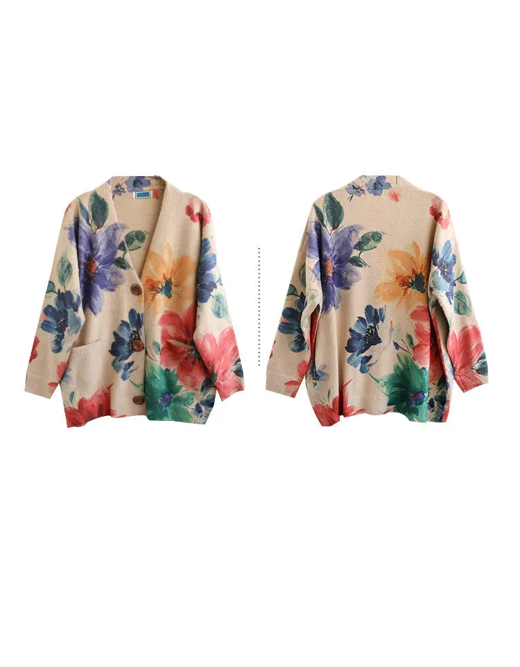 Vintage V-neck Floral Cotton Loose Knit Cardigan