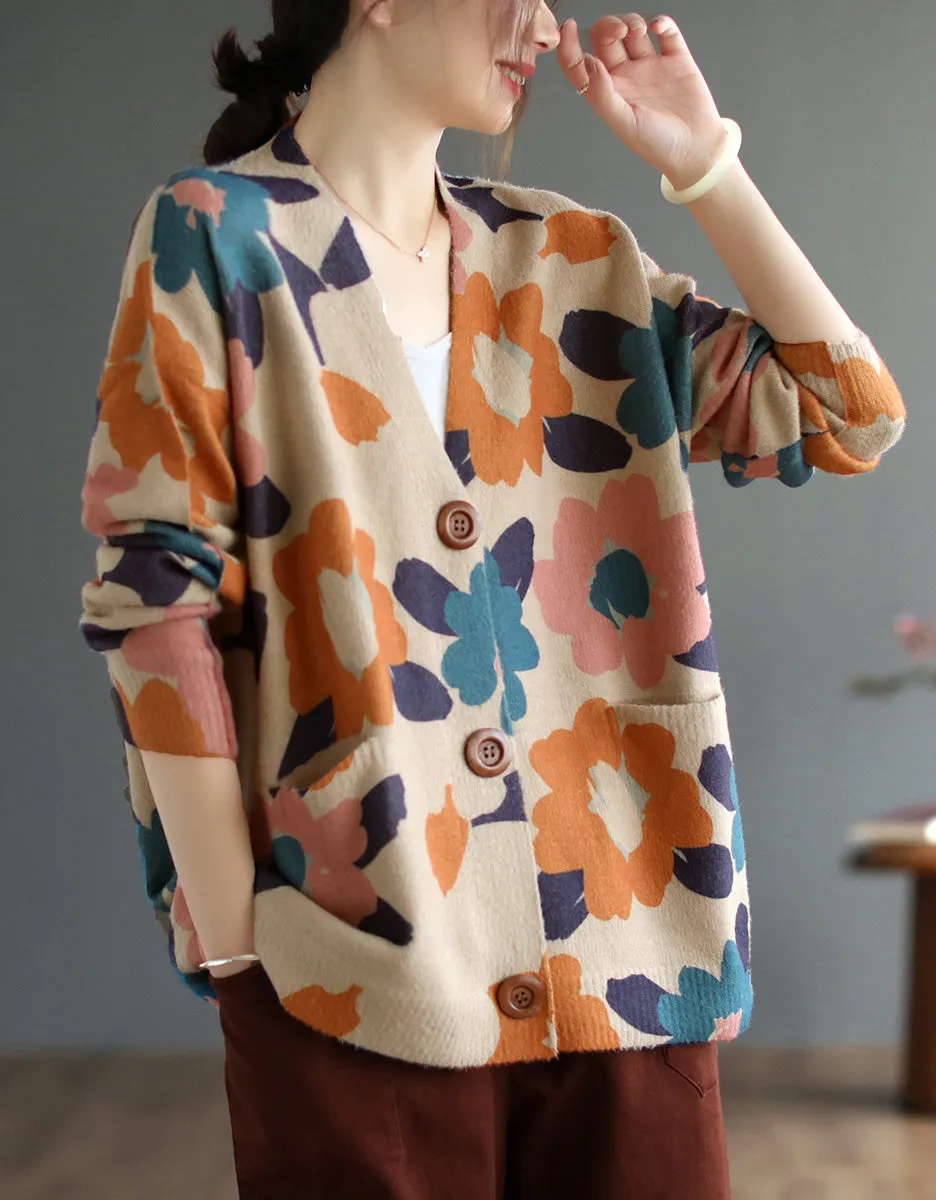 Vintage V-neck Floral Cotton Loose Knit Cardigan