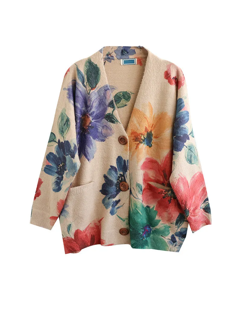 Vintage V-neck Floral Cotton Loose Knit Cardigan