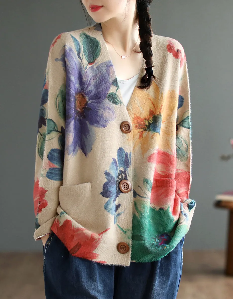 Vintage V-neck Floral Cotton Loose Knit Cardigan