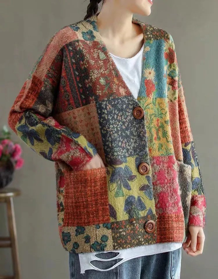 Vintage V-neck Floral Cotton Loose Knit Cardigan