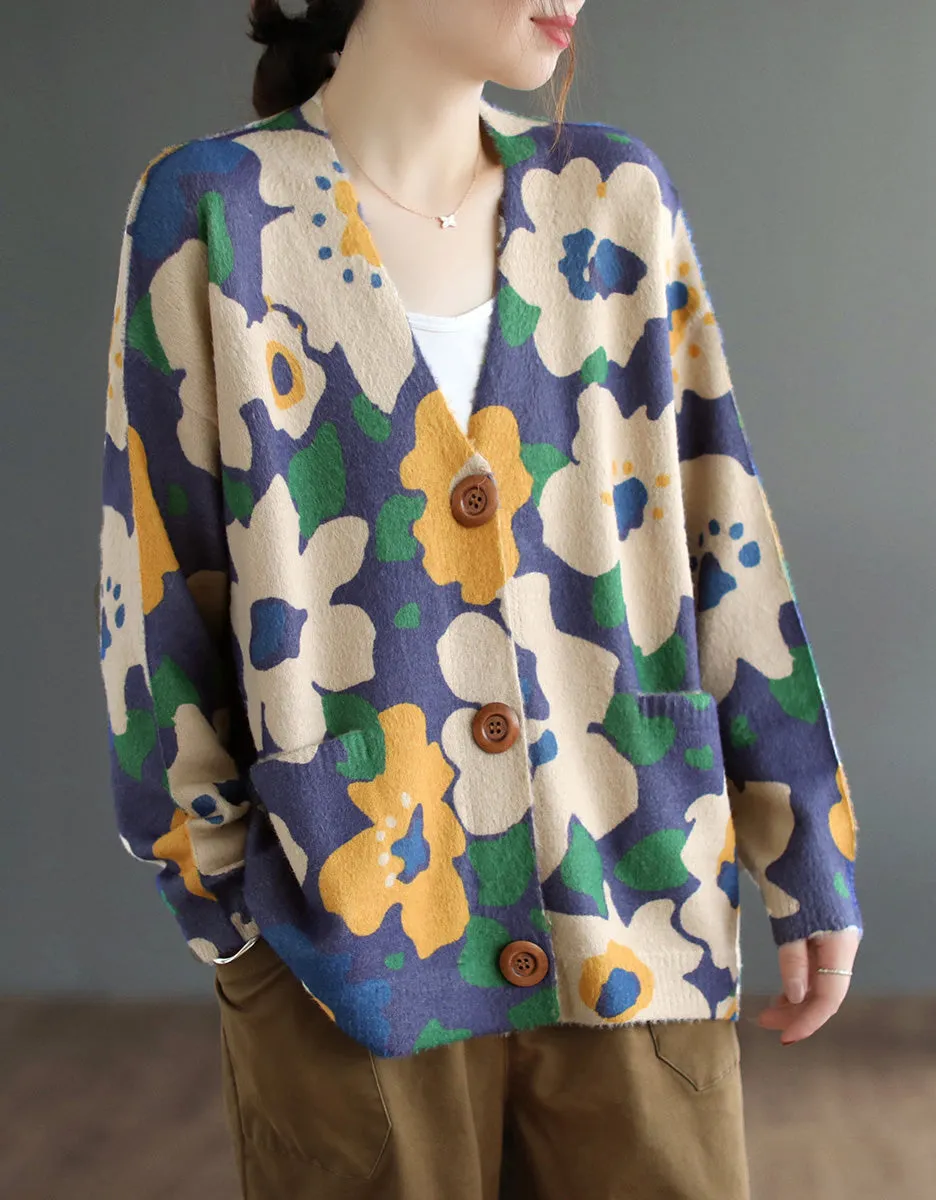 Vintage V-neck Floral Cotton Loose Knit Cardigan