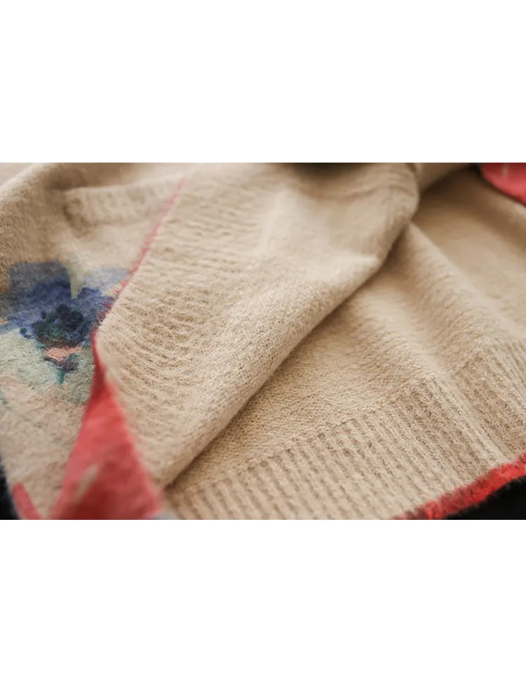 Vintage V-neck Floral Cotton Loose Knit Cardigan