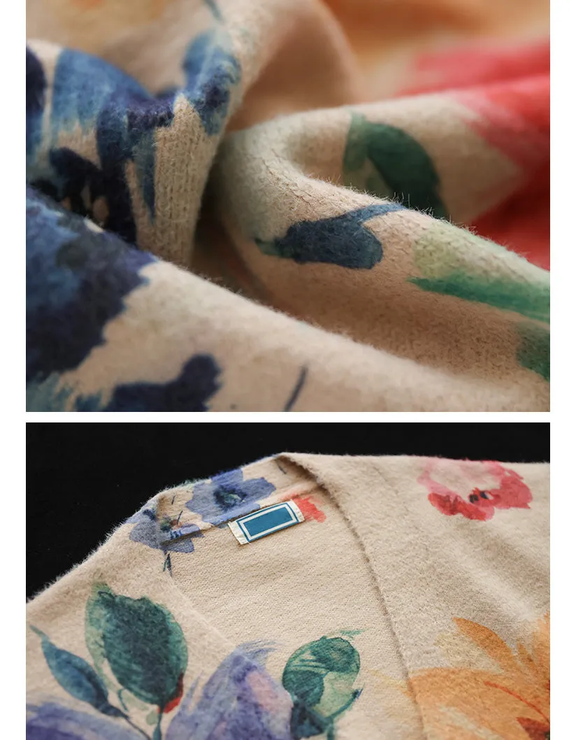 Vintage V-neck Floral Cotton Loose Knit Cardigan