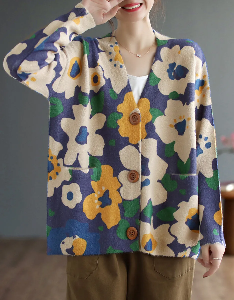 Vintage V-neck Floral Cotton Loose Knit Cardigan
