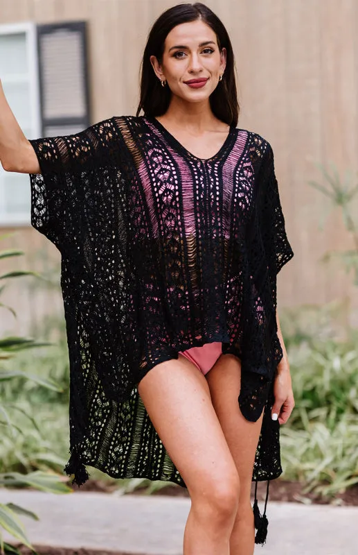 Women's Crochet Knitted Tassel Tie Beachwear Kimono